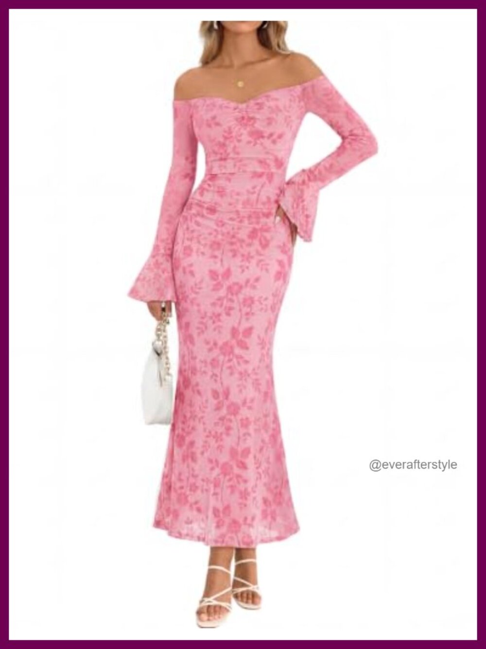 Off Shoulder Bodycon Maxi Dress Long Bell Sleeve Ruched Bust Floral Mesh Formal